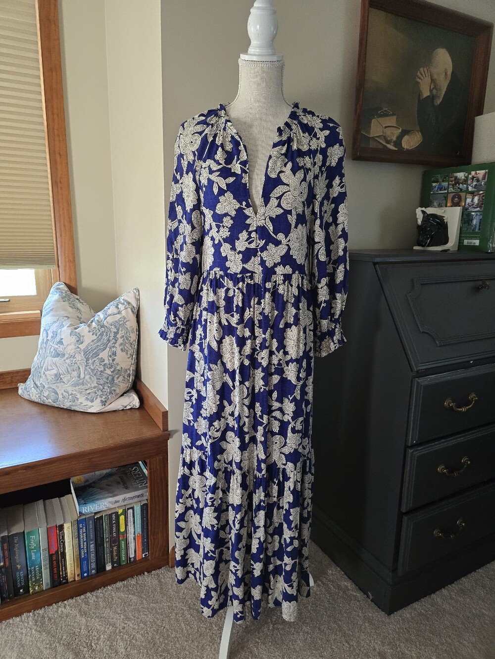 Zara Blue Floral Maxi Dress Size XS Deep V relax Fit